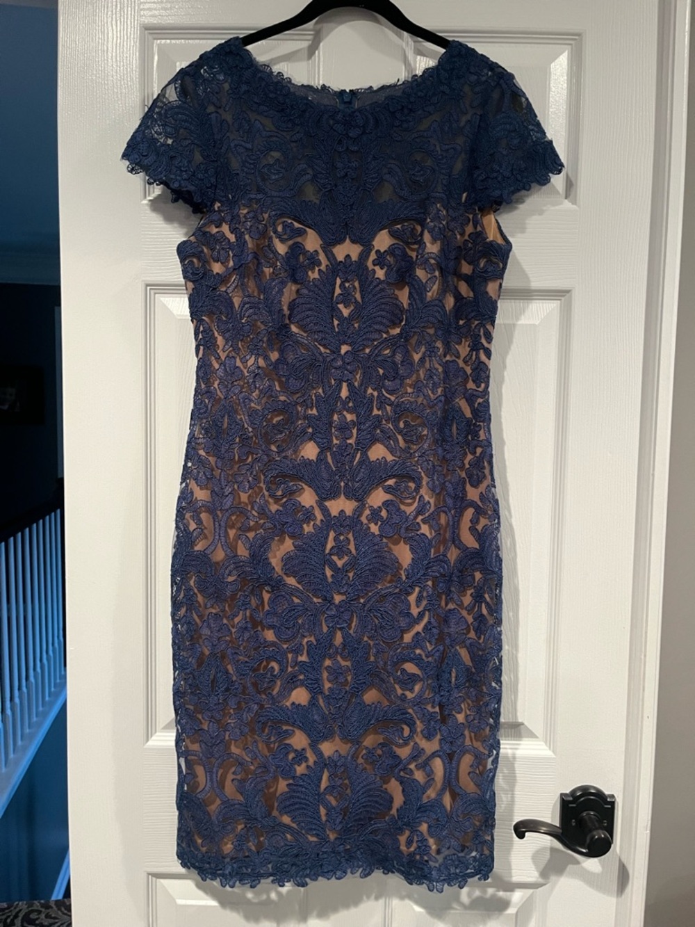 Tadashi Shoji Navy Lace Midi Dress with Nude Underlay